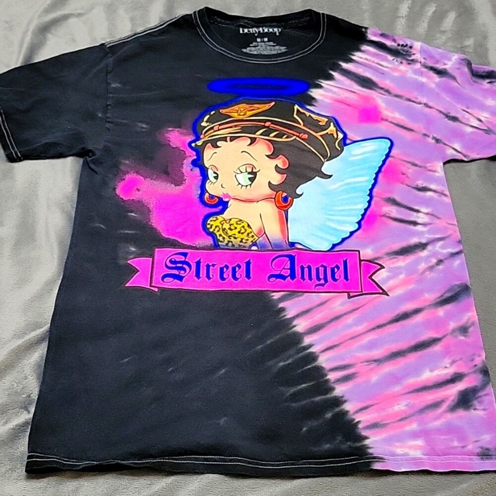 Betty Boop Street Angel Tee Size Medium Black Tie Dye Purple Comfort Stretch Top